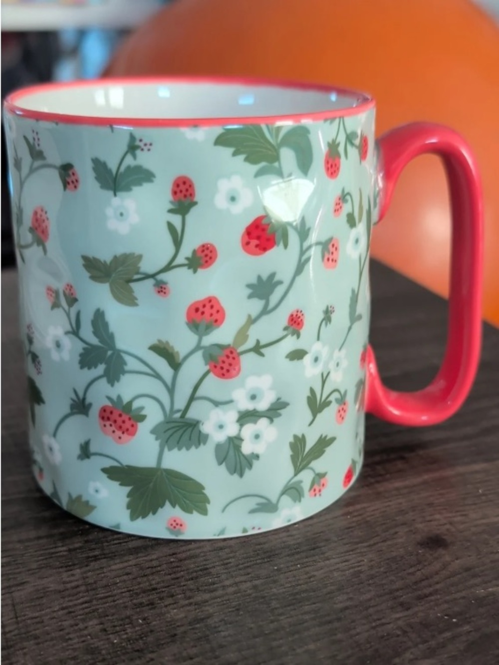 Mint Ceramic Mug with Strawberry Floral Pattern